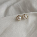 Gold Tone Textured Round Frame White Pearl Stud Earrings view 2