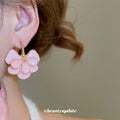 Pink Layered Petal and Gold Tone Leaf Stud Earrings view 3