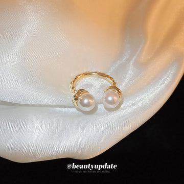 Textured Gold Tone Open Ring With Two Unequal Pearl Like Ends