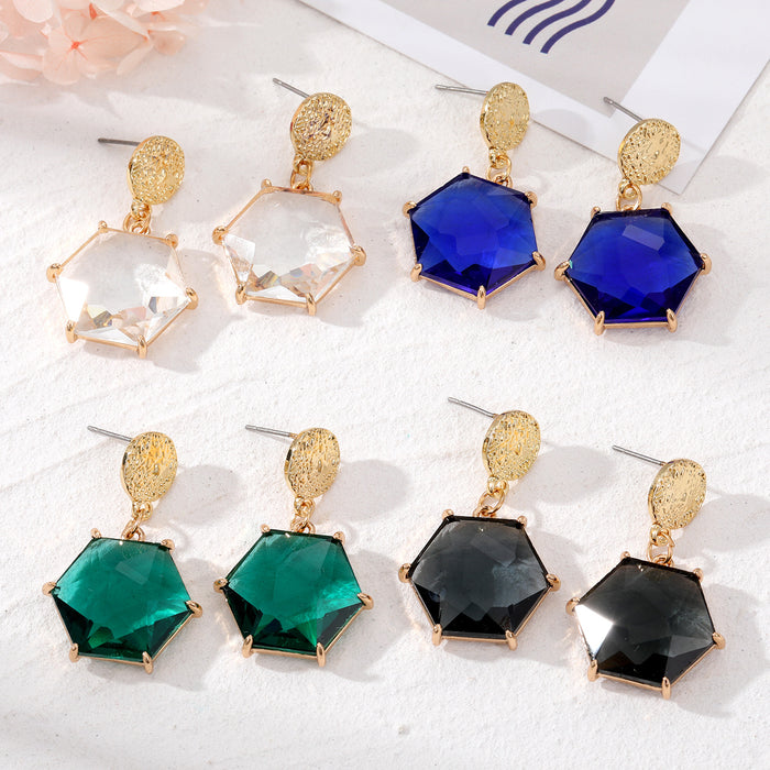 Gold Textured Disc Hexagon Crystal Drop Earrings Four Colors