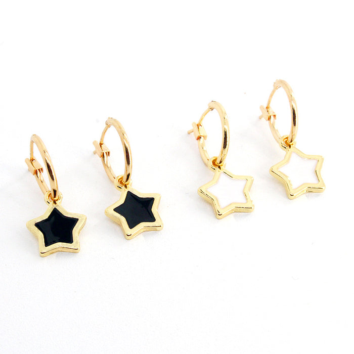 Gold Tone Black and White Star Huggie Drop Earrings