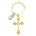 Gold Tone Ornate Cross and Pearl Keychain and Attached Hardware view 5