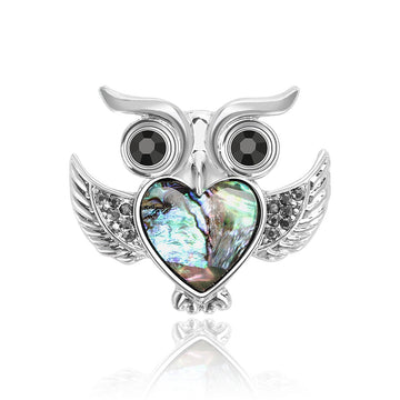 Silver Tone Owl Brooch Abalone Shell Heart Body Pin