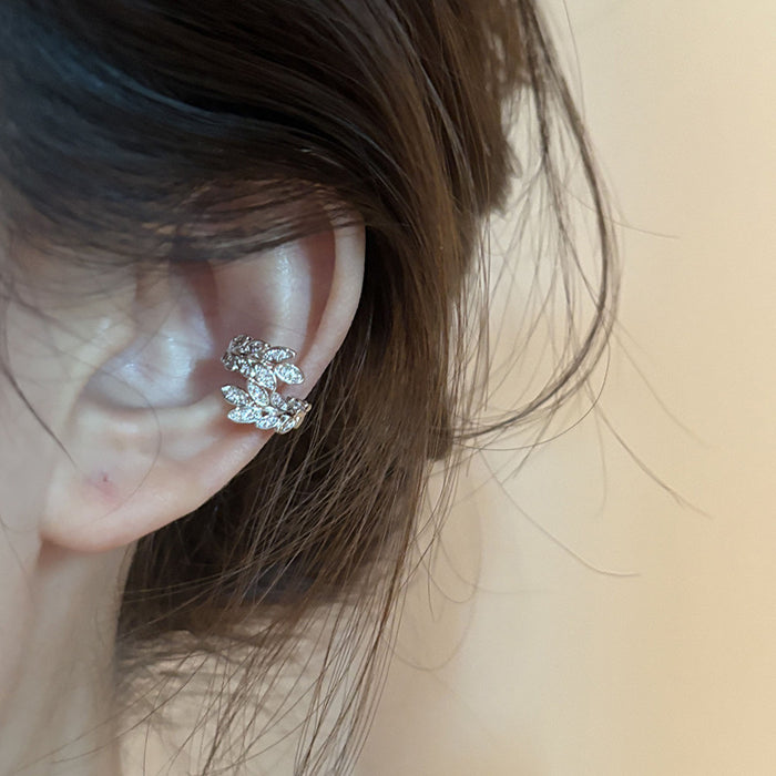 Silver Crystal Wheat Leaf Ear Cuff With Curved Cluster
