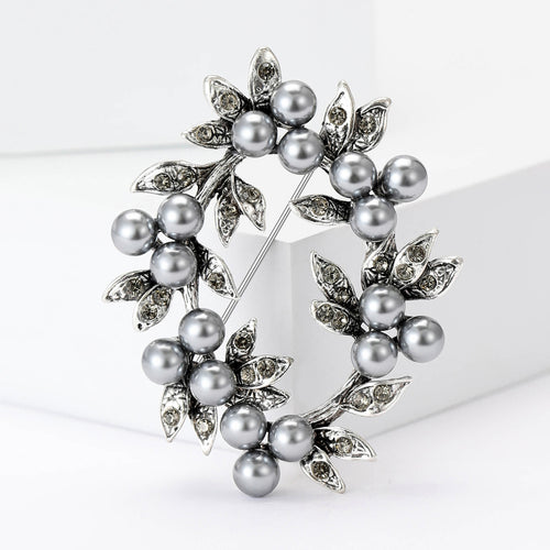 crystal leaf and pearl wreath brooch front view