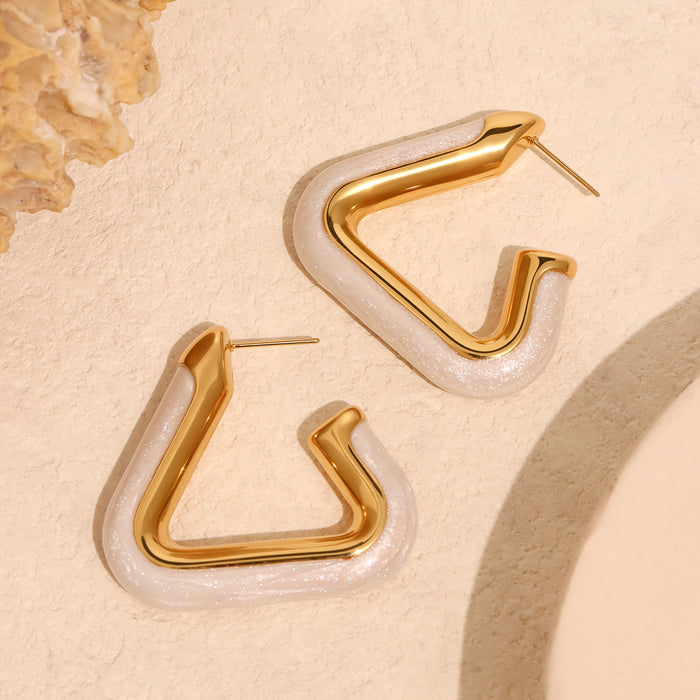 Gold Stainless Steel Triangle Hollow Hoops Pearl Pink Oil Drip