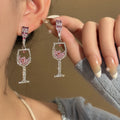 Pink Clear Stone Wine Glass Long Dangle Stud Earrings view 6