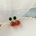 Gold Tone Dark Green Square Amber Irregular Drop Stud Earrings view 1