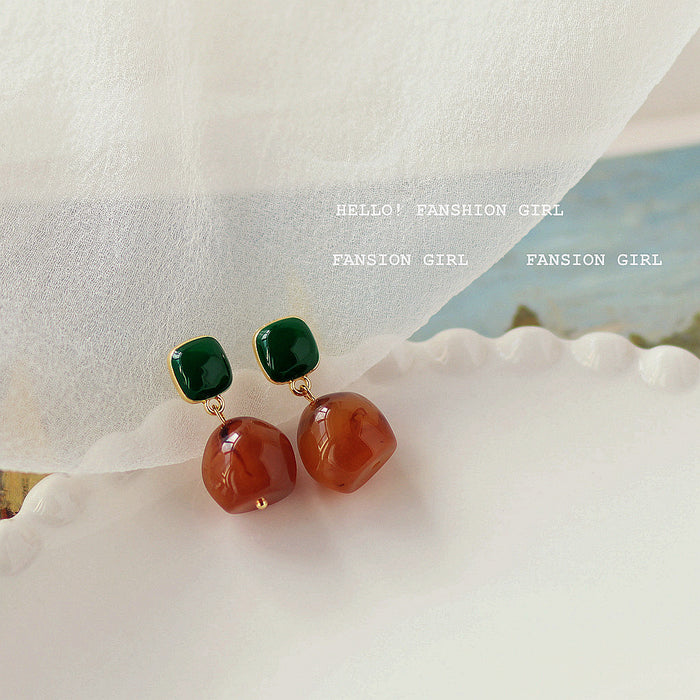 Gold Tone Dark Green Square Amber Irregular Drop Stud Earrings