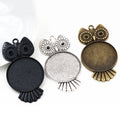 Large Owl Round Cabochon Pendant Bases in Bronze and Silver view 1