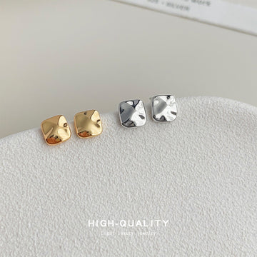 Mini Square Wavy Metal Stud Earrings Gold Silver Finishes