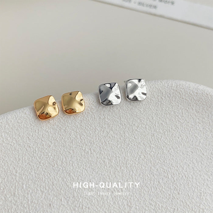 Mini Square Wavy Metal Stud Earrings Gold Silver Finishes