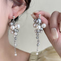 Gray and White Pearl Look Bubble Long Chain Stud Earrings view 1