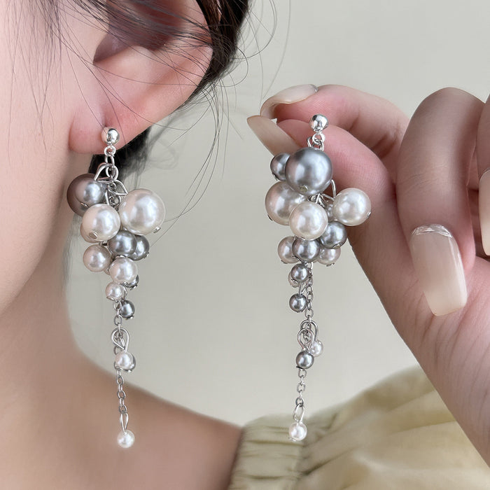 Gray and White Pearl Look Bubble Long Chain Stud Earrings