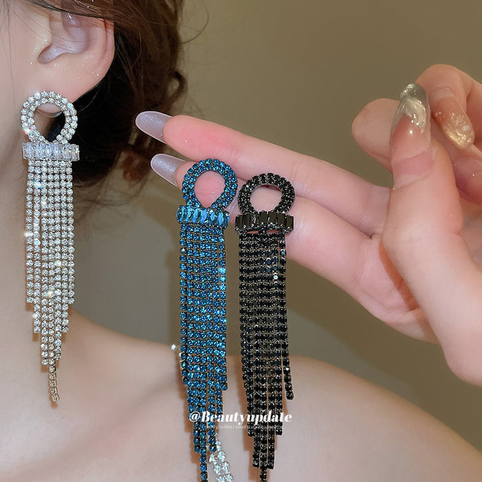 Rhinestone Circle Multi Chain Tassel Stud Earrings