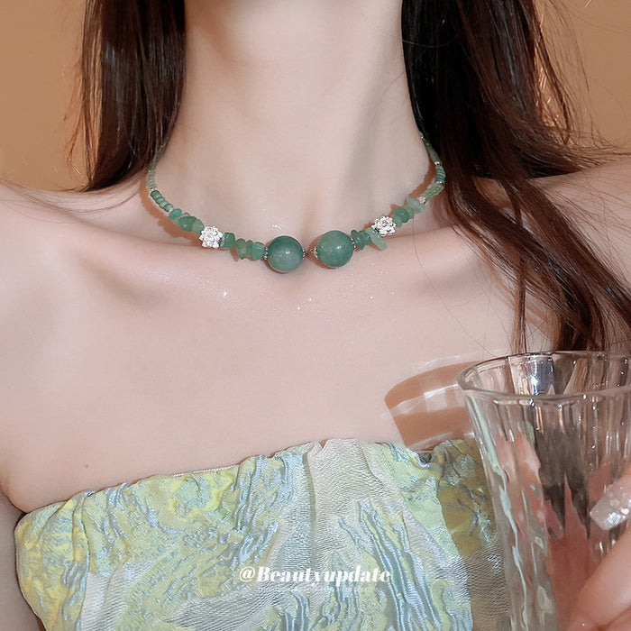 Green Jade Bead Choker Dual Spheres Silver Lotus Accents