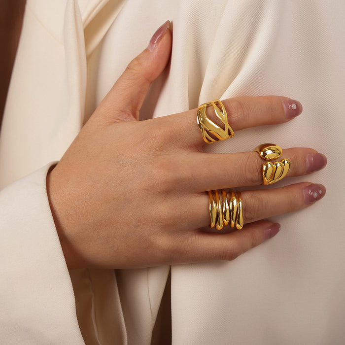 Gold Open Statement Rings Interwoven Pad and Multi Ridge
