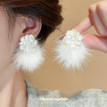 White Pom Pom Drop Earrings with Layered Flower Studs view 1