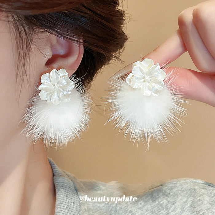 White Pom Pom Drop Earrings with Layered Flower Studs