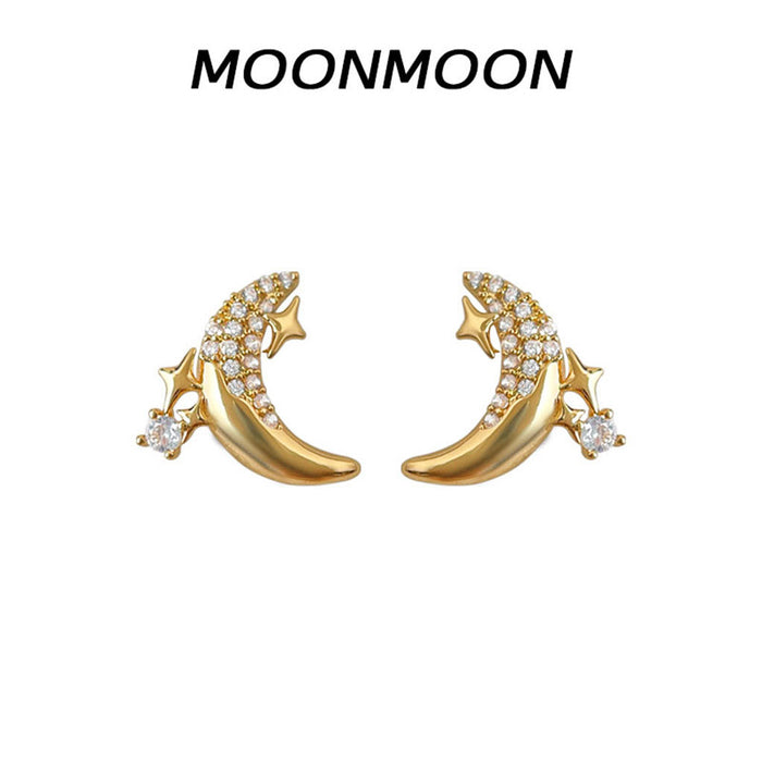 Gold Crescent Moon Star Crystal Earrings Stud and Clip