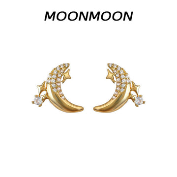 Gold Pavé Crescent Moon Star Stud and Clip-On Earrings