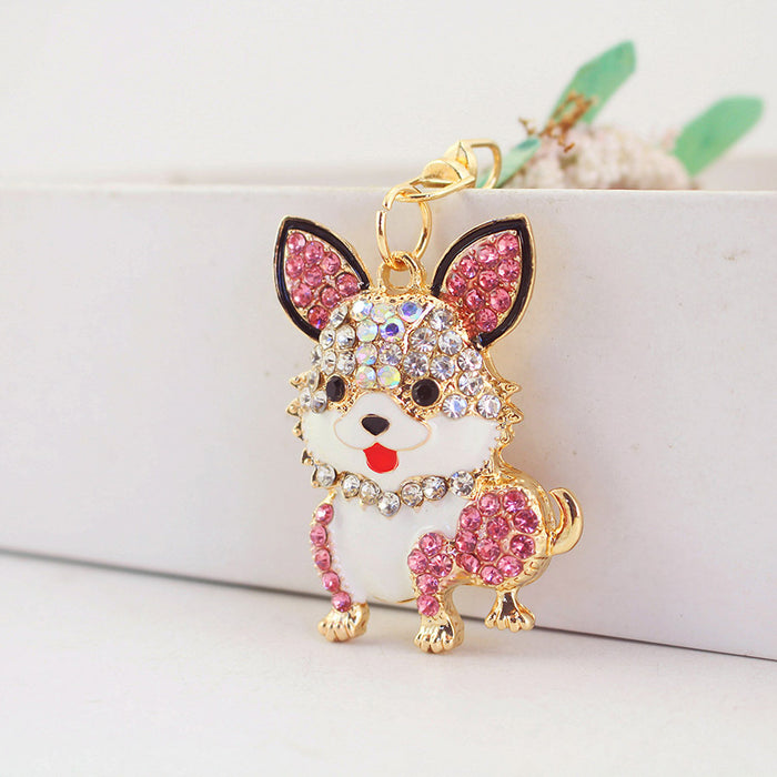 Cute Rhinestone Corgi Dog Pet Keychain for Car Keys, Bags, and Purses