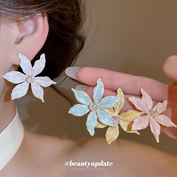 Layered Iris Flower Stud Earrings in Pink Blue Gold and White