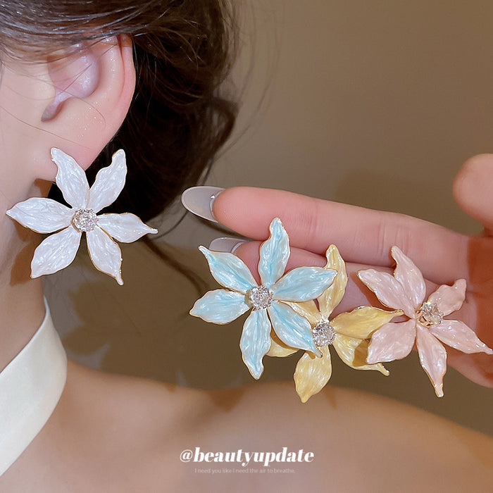 Layered Iris Flower Stud Earrings in Pink Blue Gold and White