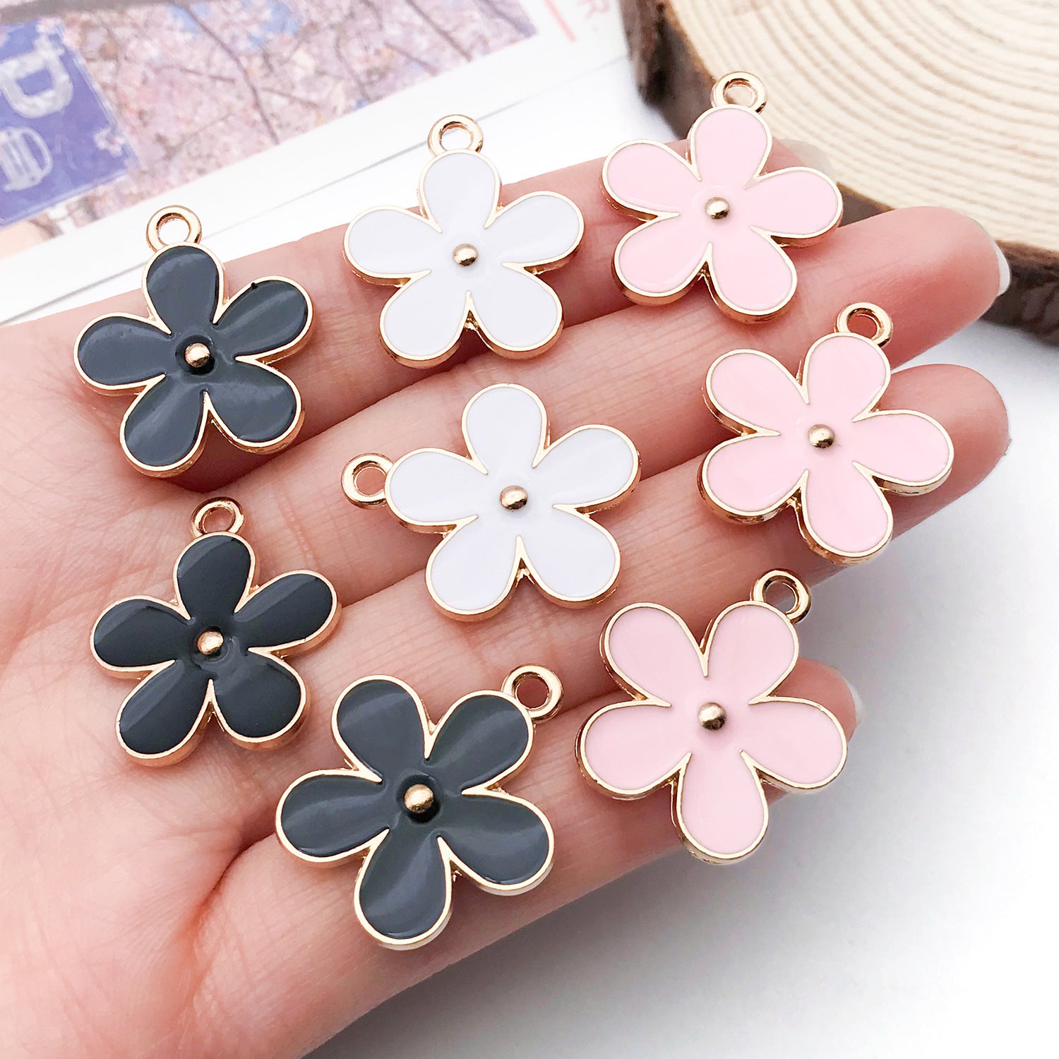 23x20mm Enamel Zinc Alloy Double Sided Flower Cherry Blossom Charm Pendant for DIY Bracelet Necklace