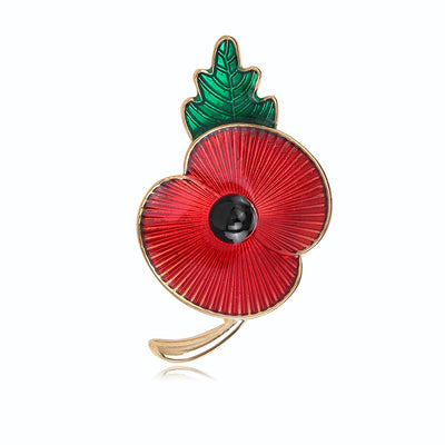 Front product view of the poppy flower brooch pin in red and gold