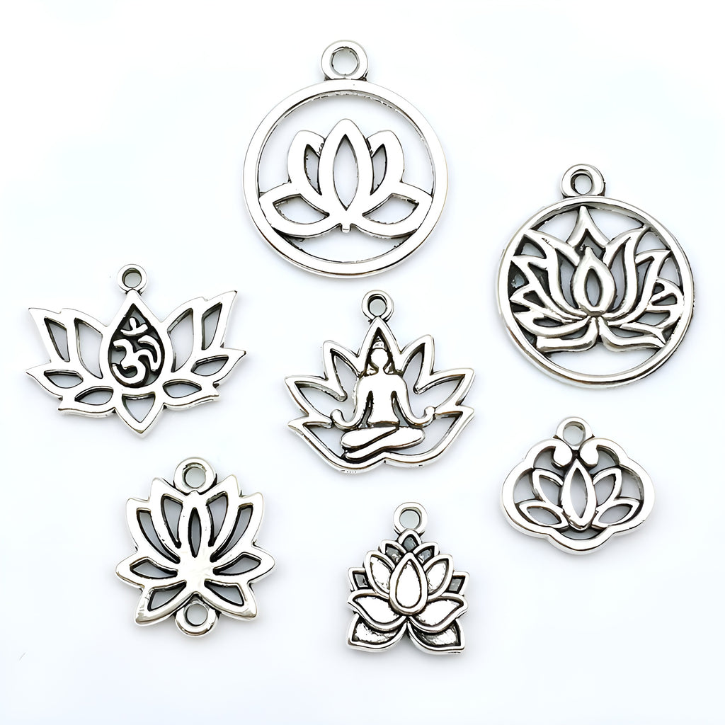 Antique Silver Zinc Alloy Yoga Lotus Round Hollow Charm Pendant for Necklaces and Earrings