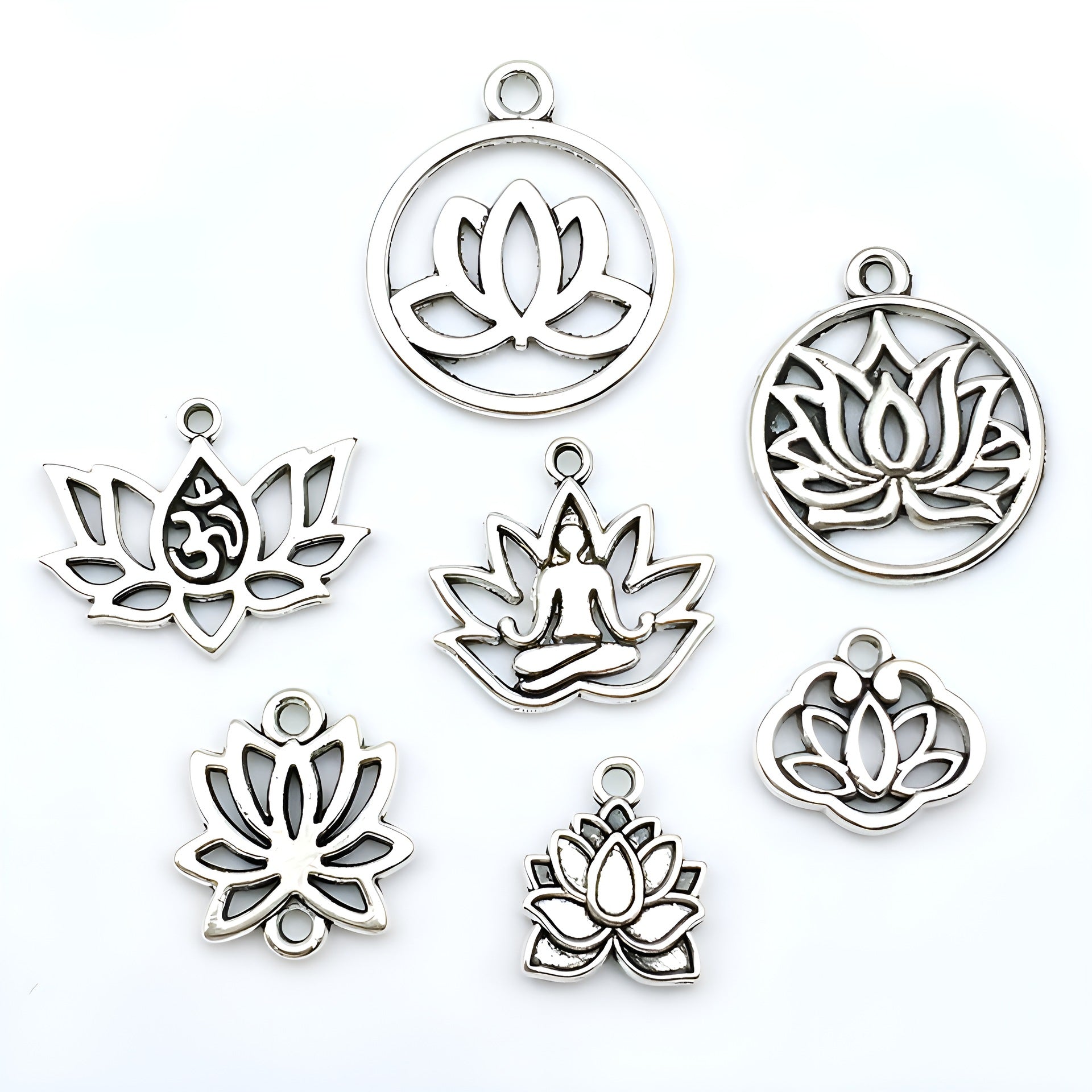 Antique Silver Zinc Alloy Yoga Lotus Round Hollow Charm Pendant for Necklaces and Earrings