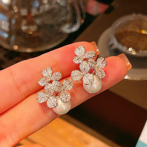 Silver Flower CZ Pearl Drop Stud Earrings Dual Bloom Design