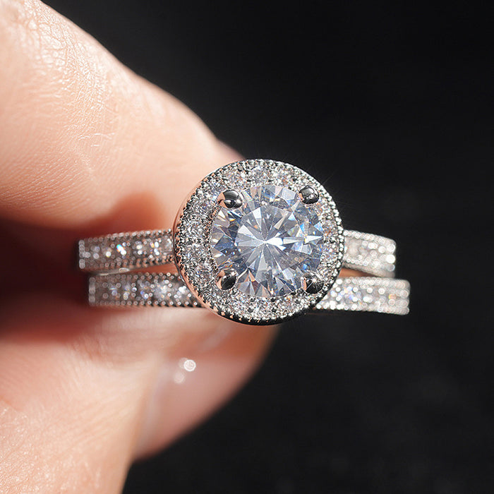 Silver Tone Round Halo Clear CZ Bridal Ring Set Sizes 6-10