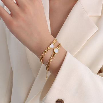 Wheat Leaf Chain White Seashell Heart Round Bracelets Gold Steel