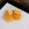Flower Stud Earrings with Colorful Faux Fur Pom Poms view 9