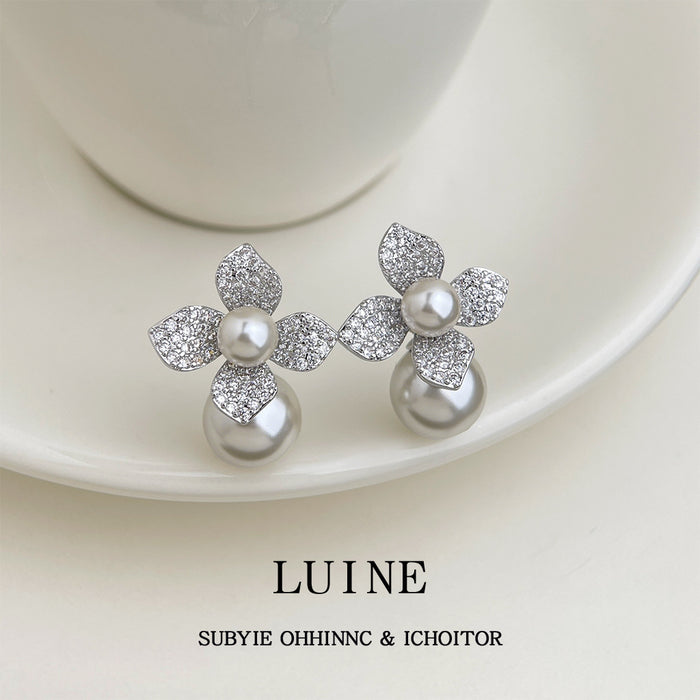 Silver Tone Clear Stone Four Petal Flower And Double Pearl Stud Earrings