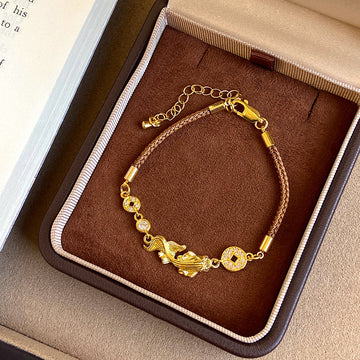 Gold Carp Coin Charm Bracelet Brown Braided Cord Adjustable