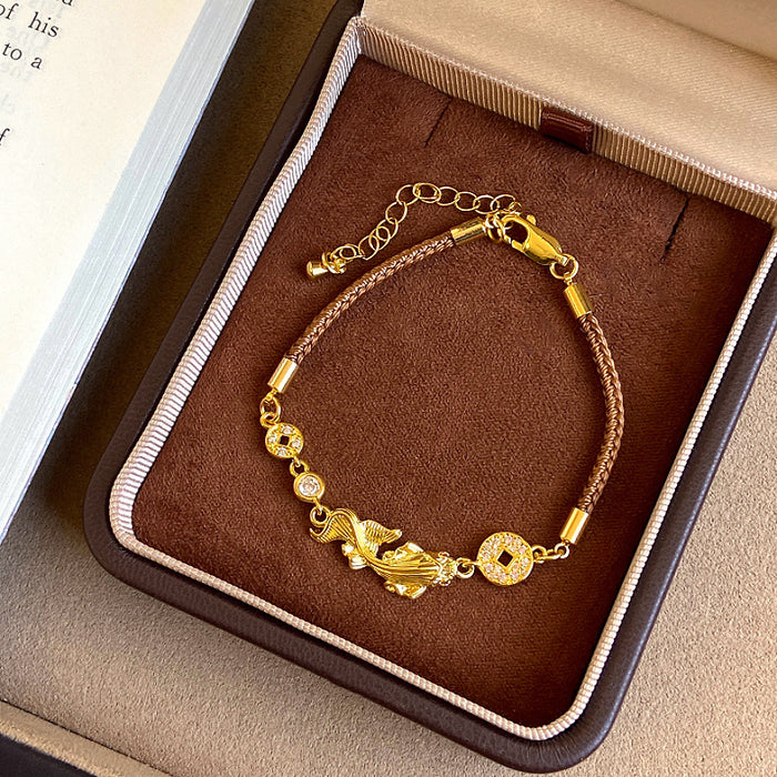 Gold Carp Coin Charm Bracelet Brown Braided Cord Adjustable