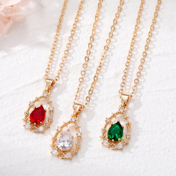 Gold Tone Crystal Teardrop Pendant Necklaces in Green Red and Clear