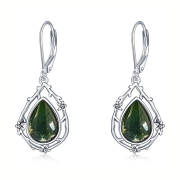 Silver Green Teardrop Floral Branch Leverback Drop Earrings