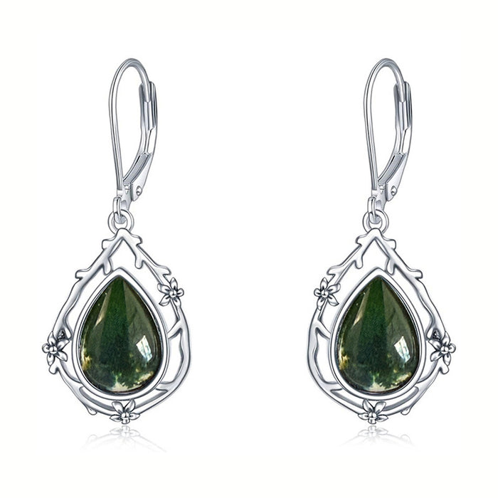 Silver Green Teardrop Floral Branch Leverback Drop Earrings