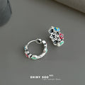 Silver Oxidized Enamel Flower Star Mini Hoop Earrings view 4