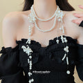 White Flower Pearl Layered Long Necklace Statement Jewelry view 3