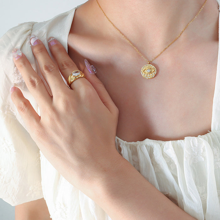 Evil Eye Round Pendant Necklace With Zircon Gold Or Steel