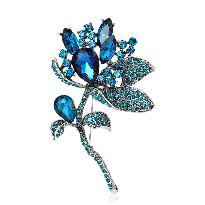 Rhinestone Flower Stem Brooch Blue Or Champagne Crystal Glass