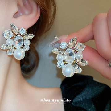 Crystal Floral Cluster Pearl Look Stud Earrings Jewelry