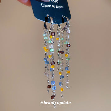 Silver Tone Colorful Crystal Heart Tassel Huggie Earrings