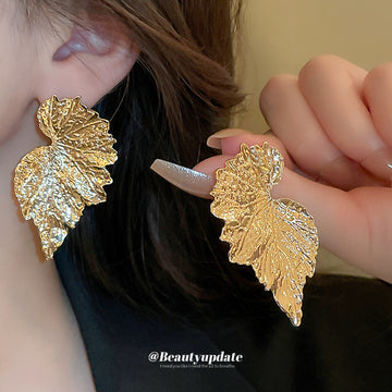 Gold Tone Textured Leaf Statement Earrings Decorative Jewelry