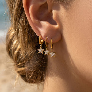 Crystal Star Drop Hoop Earrings in Three Gold Tone Designs